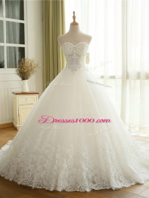White Sweetheart Lace Up Beading and Lace and Appliques Wedding Gown Court Train Sleeveless