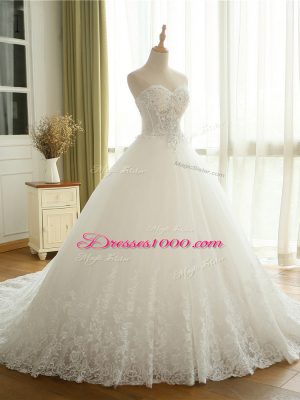 White Sweetheart Lace Up Beading and Lace and Appliques Wedding Gown Court Train Sleeveless