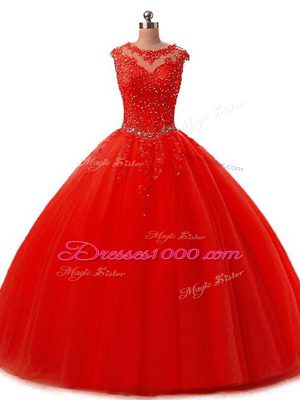 Enchanting Tulle Scoop Sleeveless Lace Up Beading and Lace 15 Quinceanera Dress in Red