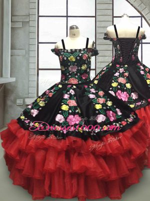 Beauteous Red And Black Organza and Taffeta Lace Up Off The Shoulder Sleeveless Floor Length Ball Gown Prom Dress Embroidery and Ruffled Layers