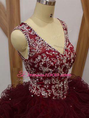 Captivating V-neck Sleeveless Organza 15th Birthday Dress Beading and Ruffles Backless