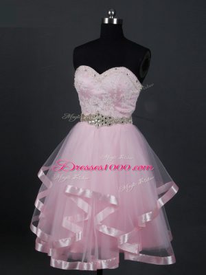 Simple Tulle Sweetheart Sleeveless Zipper Beading and Lace and Ruffles Bridesmaids Dress in Baby Pink