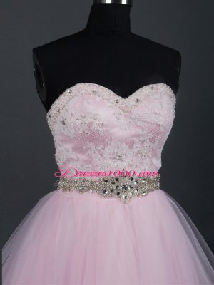 Simple Tulle Sweetheart Sleeveless Zipper Beading and Lace and Ruffles Bridesmaids Dress in Baby Pink
