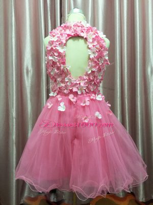 Artistic Halter Top Sleeveless Tulle Homecoming Dress Hand Made Flower Backless