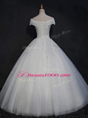 White Tulle Lace Up Wedding Dresses Sleeveless Floor Length Beading