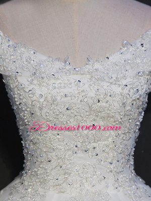 White Tulle Lace Up Wedding Dresses Sleeveless Floor Length Beading