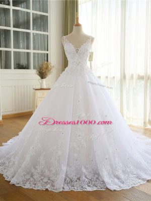 White Sleeveless Organza Lace Up Wedding Gowns for Beach and Wedding Party
