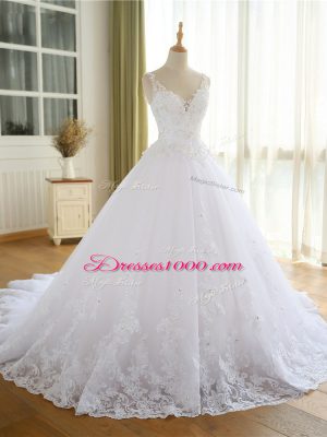 White Sleeveless Organza Lace Up Wedding Gowns for Beach and Wedding Party