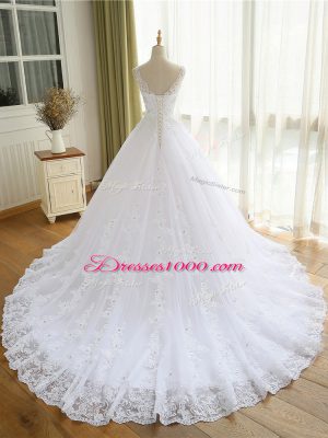 White Sleeveless Organza Lace Up Wedding Gowns for Beach and Wedding Party