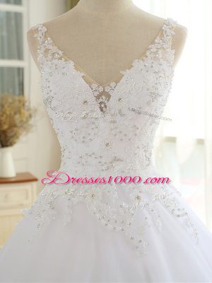 White Sleeveless Organza Lace Up Wedding Gowns for Beach and Wedding Party
