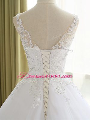 White Sleeveless Organza Lace Up Wedding Gowns for Beach and Wedding Party