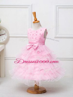 Baby Pink Ball Gowns Organza Scoop Sleeveless Ruffled Layers and Bowknot Tea Length Zipper Little Girl Pageant Gowns