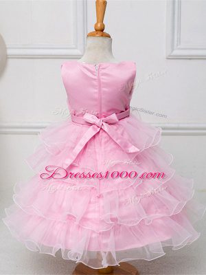 Baby Pink Ball Gowns Organza Scoop Sleeveless Ruffled Layers and Bowknot Tea Length Zipper Little Girl Pageant Gowns