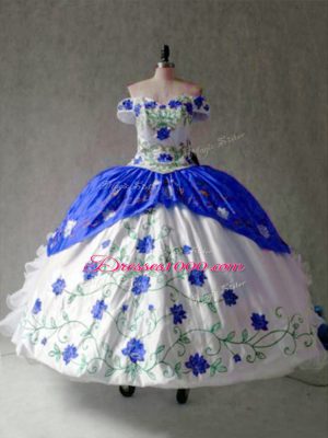 Fancy Off The Shoulder Cap Sleeves Organza and Taffeta Sweet 16 Dress Embroidery and Ruffles Lace Up