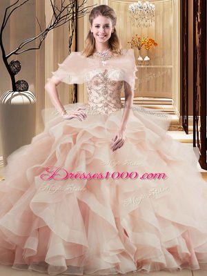 Fabulous Peach Tulle Lace Up Scoop Sleeveless Quinceanera Dress Brush Train Beading and Ruffles