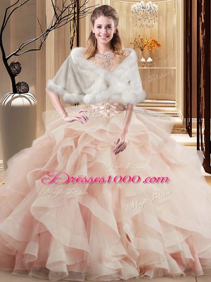 Fabulous Peach Tulle Lace Up Scoop Sleeveless Quinceanera Dress Brush Train Beading and Ruffles