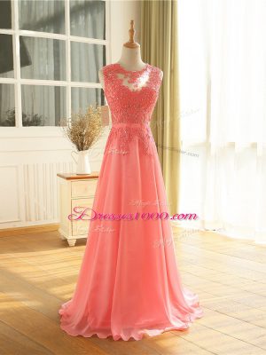 Watermelon Red Scoop Neckline Beading and Lace and Appliques Formal Evening Gowns Sleeveless Zipper