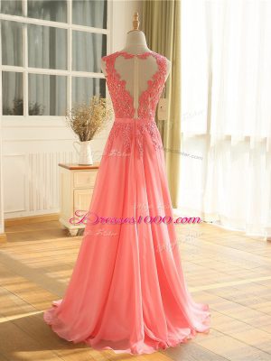 Watermelon Red Scoop Neckline Beading and Lace and Appliques Formal Evening Gowns Sleeveless Zipper