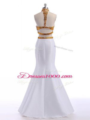 Flare White Satin Criss Cross Evening Dress Sleeveless Floor Length Beading