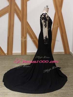 Stylish Black Mother of Groom Dress Scoop Long Sleeves Brush Train Zipper