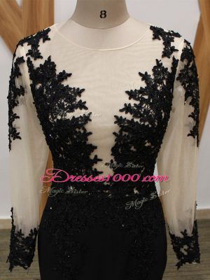 Stylish Black Mother of Groom Dress Scoop Long Sleeves Brush Train Zipper