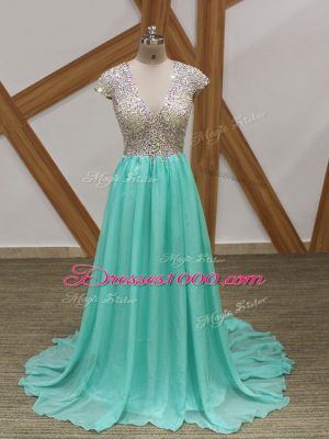 Shining Chiffon Short Sleeves Going Out Dresses Brush Train and Beading
