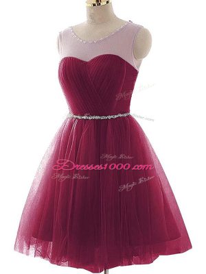 Burgundy A-line Beading and Ruffles Dress for Prom Lace Up Tulle Sleeveless Mini Length