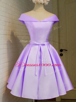 Fantastic Taffeta Off The Shoulder Cap Sleeves Lace Up Belt Court Dresses for Sweet 16 in Lavender