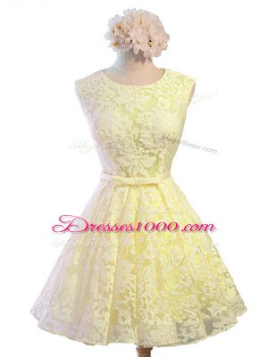 Yellow Dama Dress Prom and Party and Wedding Party with Belt Scoop Sleeveless Lace Up