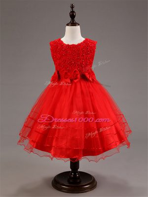 High End Red Tulle Zipper Little Girl Pageant Gowns Sleeveless Knee Length Ruffled Layers and Hand Made Flower