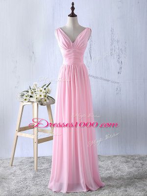 V-neck Sleeveless Bridesmaid Dress Floor Length Ruching Baby Pink Chiffon