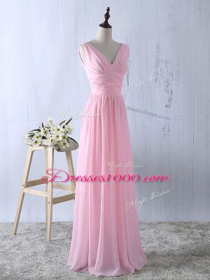 V-neck Sleeveless Bridesmaid Dress Floor Length Ruching Baby Pink Chiffon