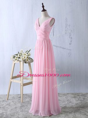 V-neck Sleeveless Bridesmaid Dress Floor Length Ruching Baby Pink Chiffon