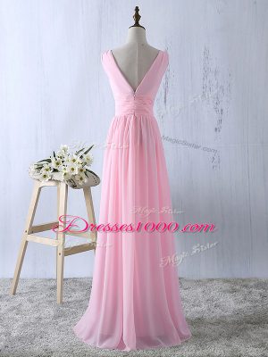 V-neck Sleeveless Bridesmaid Dress Floor Length Ruching Baby Pink Chiffon