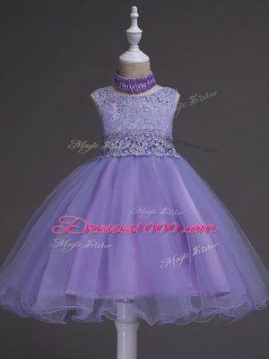 Excellent Lavender Ball Gowns Beading and Lace Little Girls Pageant Dress Zipper Organza Sleeveless Knee Length