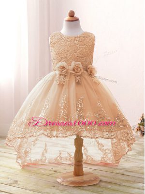 Champagne Sleeveless Lace and Bowknot and Hand Made Flower High Low Flower Girl Dresses