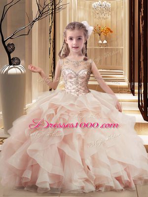 Gorgeous Peach Pageant Gowns For Girls Scoop Sleeveless Brush Train Lace Up