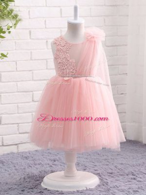 Artistic Baby Pink Zipper Scoop Appliques and Hand Made Flower Toddler Flower Girl Dress Tulle Sleeveless