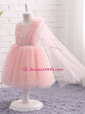 Artistic Baby Pink Zipper Scoop Appliques and Hand Made Flower Toddler Flower Girl Dress Tulle Sleeveless