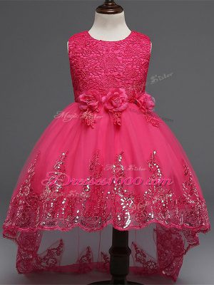 Tulle Sleeveless High Low Kids Formal Wear and Lace and Appliques and Bowknot and Hand Made Flower