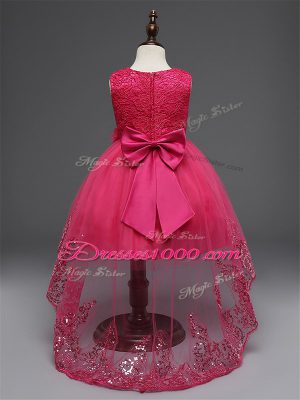Tulle Sleeveless High Low Kids Formal Wear and Lace and Appliques and Bowknot and Hand Made Flower