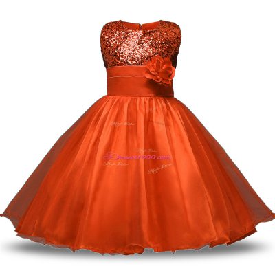 Modest Ball Gowns Toddler Flower Girl Dress Orange Red Scoop Organza and Sequined Sleeveless Knee Length Zipper