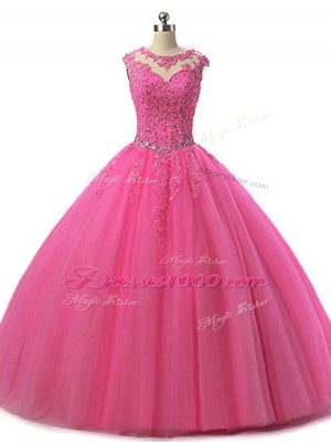 Sleeveless Floor Length Beading and Lace Lace Up Sweet 16 Dresses with Hot Pink