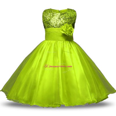 Olive Green Organza and Sequined Zipper Flower Girl Dresses Sleeveless Knee Length Bowknot and Belt and Hand Made Flower