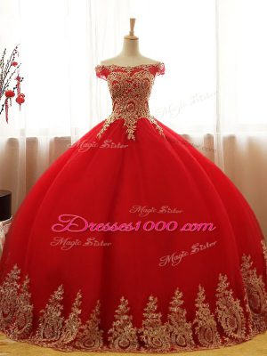 Elegant Floor Length Red Quinceanera Gowns Off The Shoulder Sleeveless Lace Up