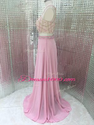 Superior Chiffon Sleeveless Brush Train Zipper Beading Evening Gowns in Pink