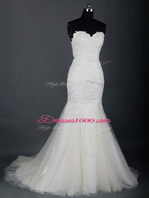 Luxury White Zipper Wedding Gowns Lace Sleeveless Brush Train