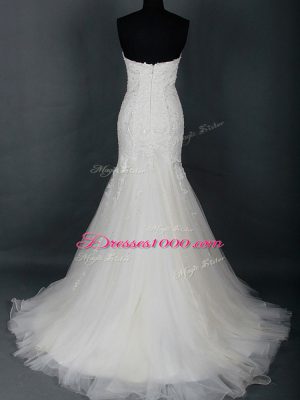 Luxury White Zipper Wedding Gowns Lace Sleeveless Brush Train