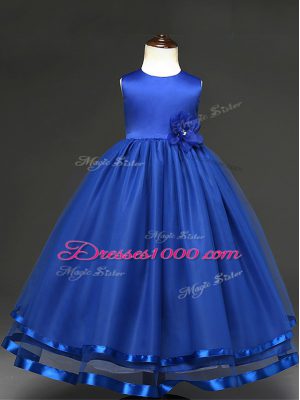 Fashion Royal Blue Zipper Scoop Hand Made Flower Flower Girl Dress Tulle Sleeveless
