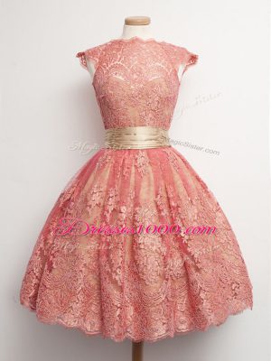Watermelon Red High-neck Lace Up Belt Quinceanera Dama Dress Cap Sleeves